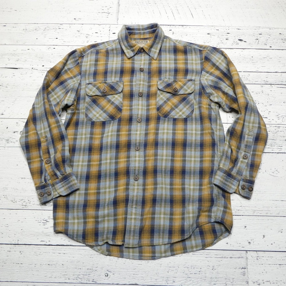Duluth Trading Co Shirt Mens‎ Medium Blue Yellow Plaid Flannel Cotton Workwear